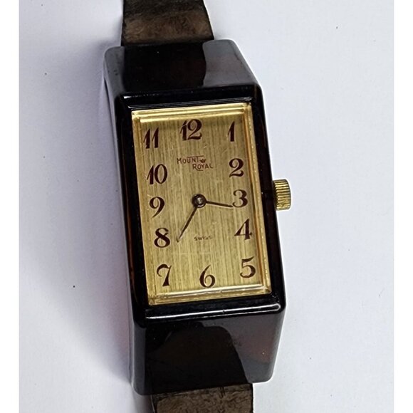 Mount Royal Watch Windup Vintage MCM Womens Brown  Acrylic Lucite Working - Picture 1 of 13